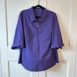 Purple & Gold roll sleeve zip up collared top, 2X